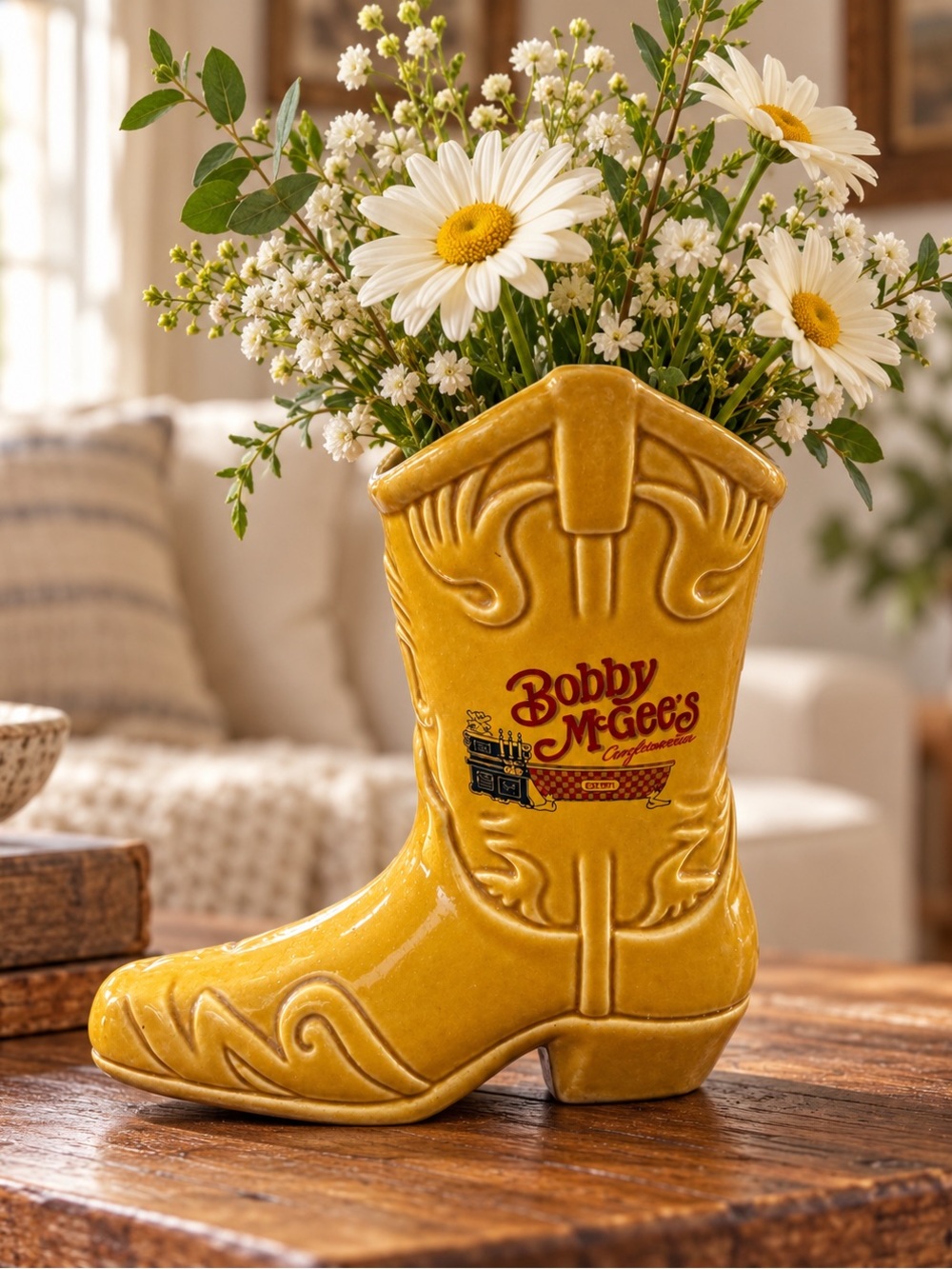 Vintage Bobby McGee’s Yellow Ceramic Cowboy Boot Vase